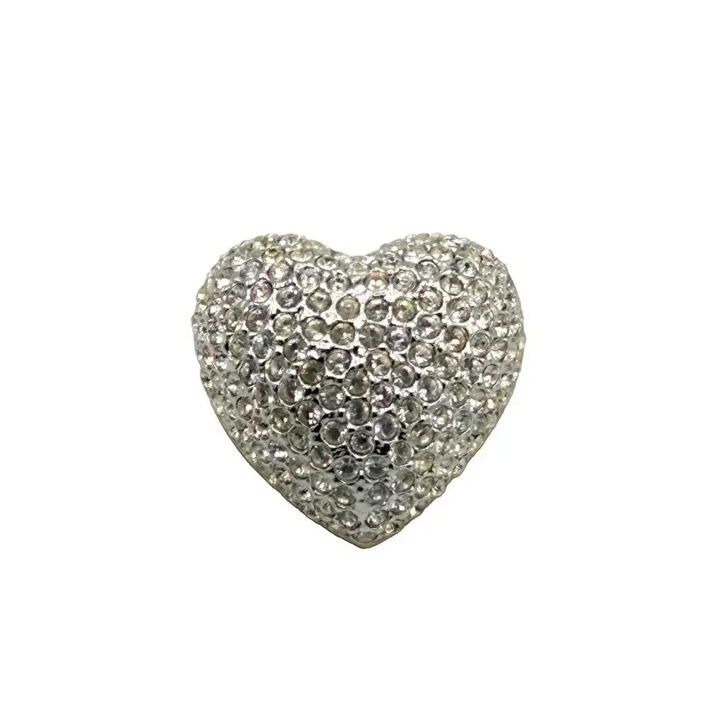 Vintage Pave Rhinestone Puffy Heart Dome Brooch Convertible Pendant Silver Tone